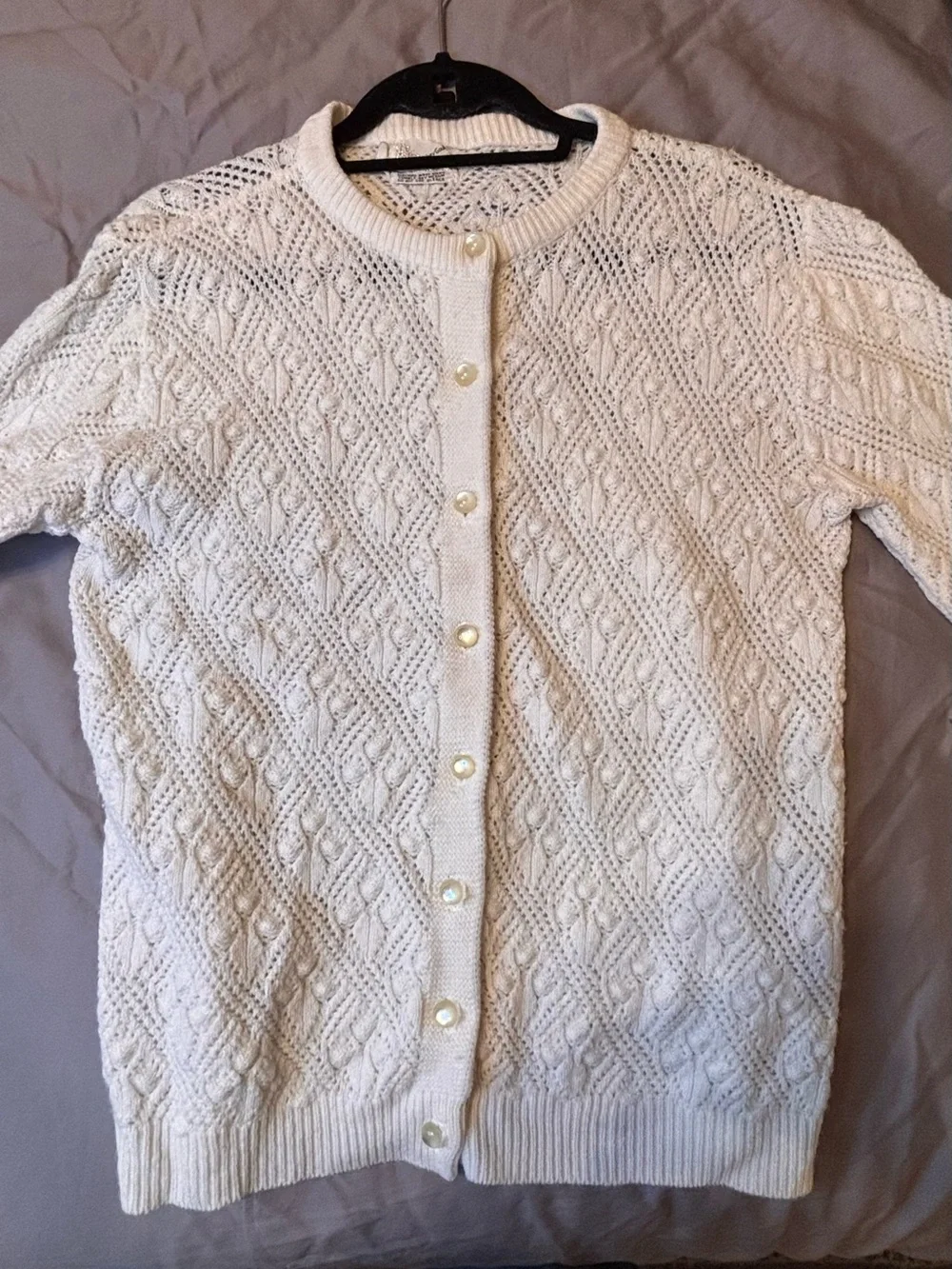 Vintage It’s Pure Gould Ivory Pointelle Cable Knit Cardigan Sweater Made USA